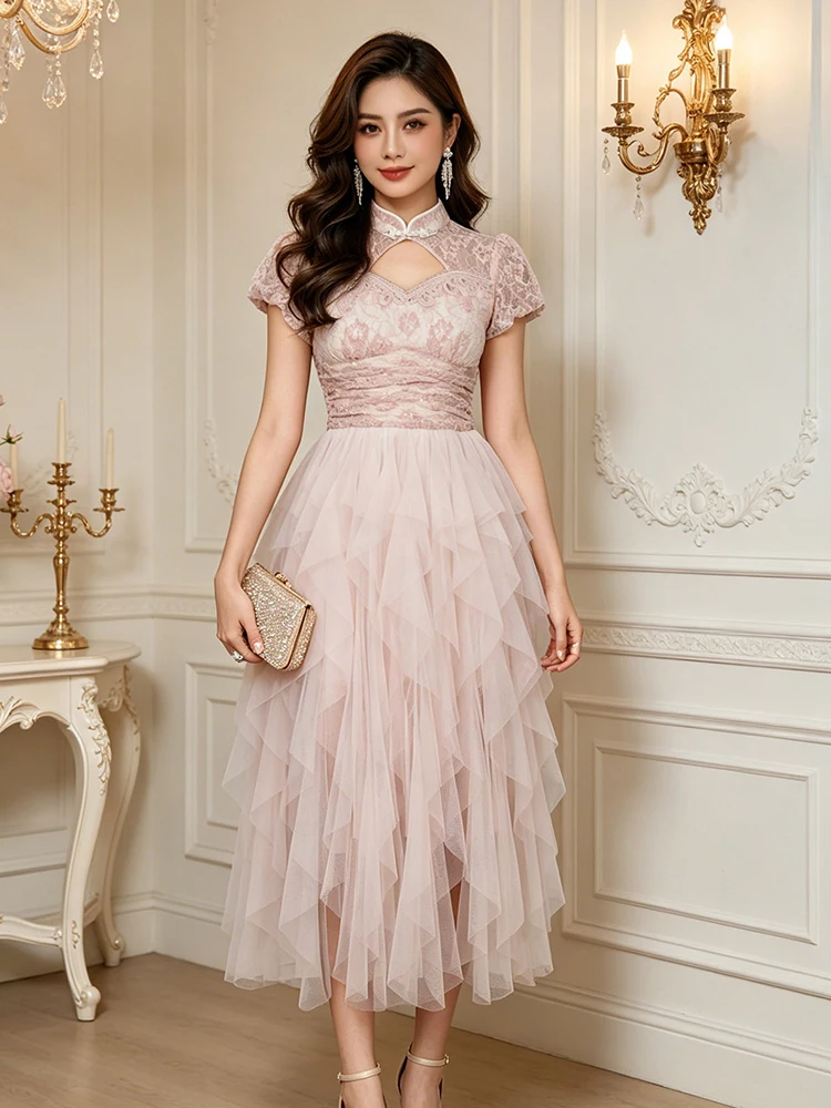 Damen Rosa Spitzen-Midikleid Qipao mit Hohlmuster Kurzarm Schlankes Mehrlagiges Tüllkleid Formelles Abendkleid Cocktailparty-Robe Tägliches Sommerkleid