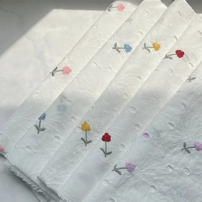 

Thin Cotton Fabric White Embroidered Floral Dress Pajama Shirt Handmade Pillow Fabric