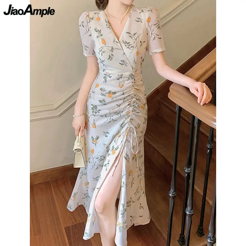 

Women Summer Graceful Slim Split Trumpet Midi Dress 2024 Korean Lady V-Neck Print Chiffon Dresses Mermaid Dinner Party Gown