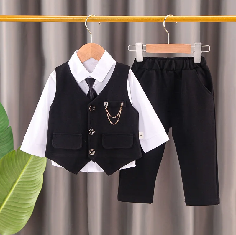 2024 new  boy\'s solid color children\'s gentleman suit wear baby chain vest  Tie Shirt three piece formal evening fashion dres