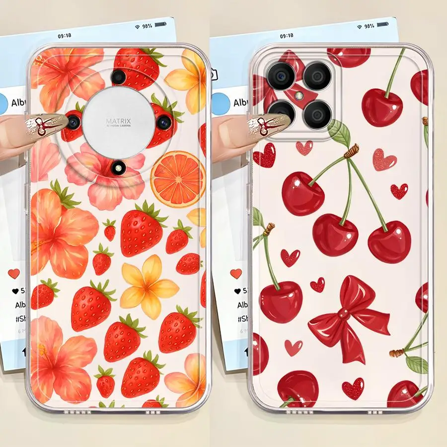 Coque à motif de fraise imprimé dessin animé, transparente et souple, pour Honor X9b X9a 90 Lite Y9 Prime 2019 X8b X7b