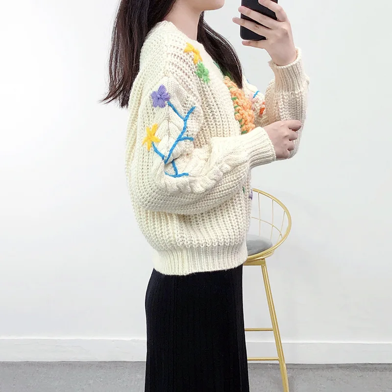 2025 춘추 중공업 파인애플 크로셰 자수 여성용 풀오버 루즈 스웨터