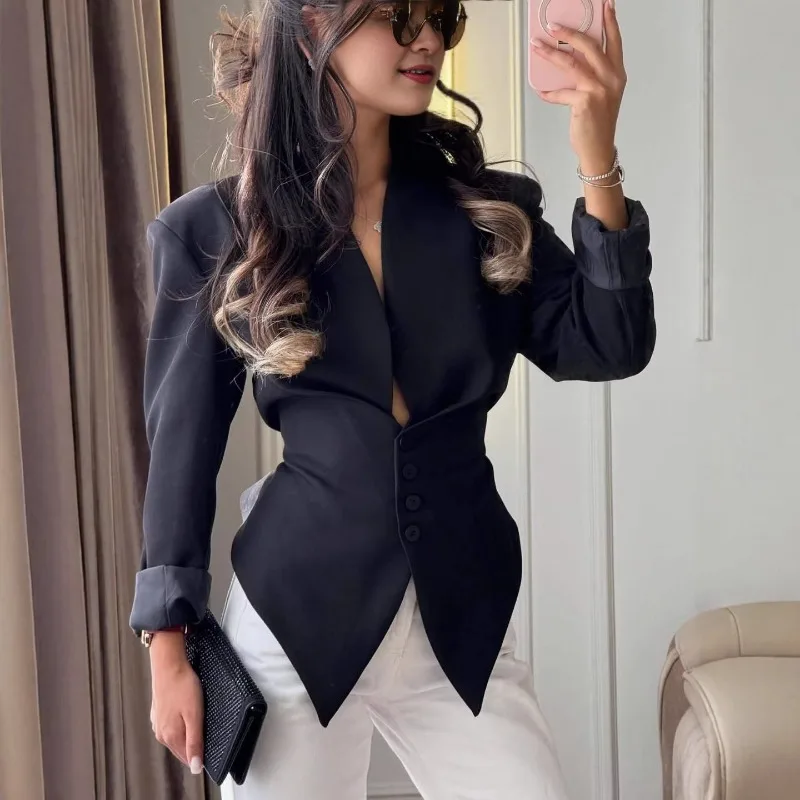 Women Fashion Solid Asymmetrical Blazers Sexy V-neck Full Sleeve Single Breasted Lace Up Bow Slim Fit Casual Coat Cardigan Tops