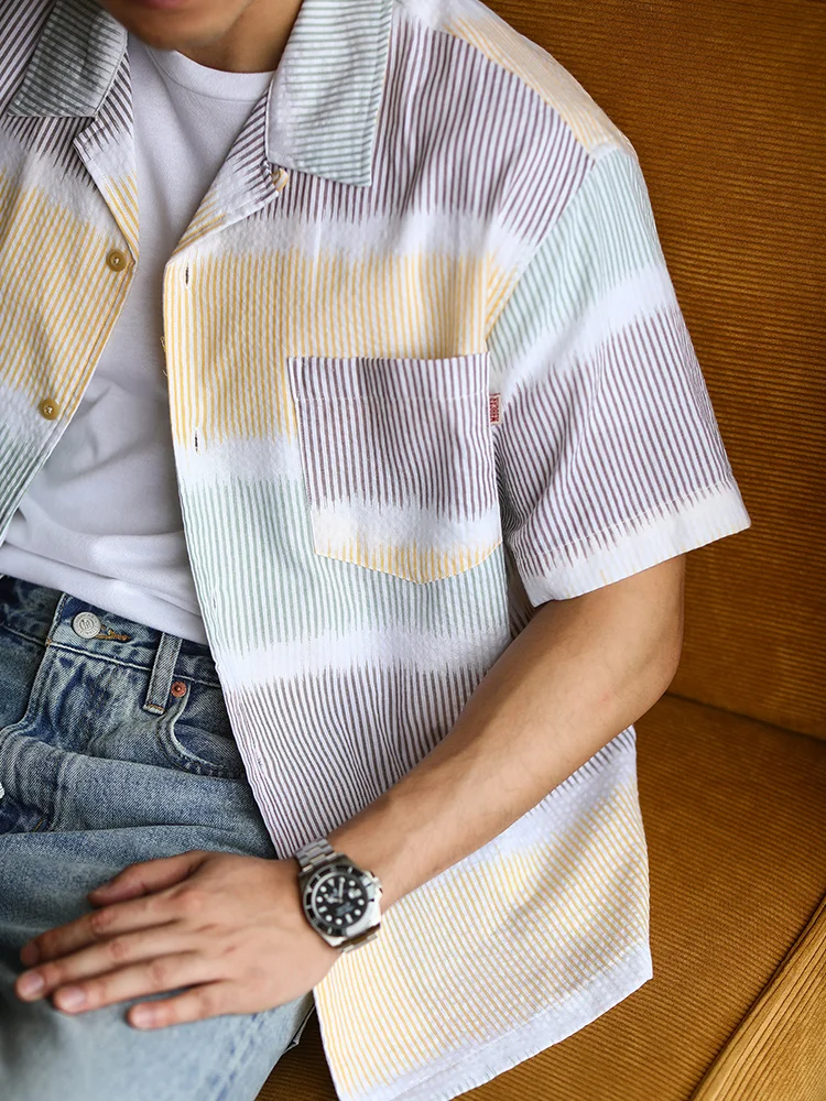 

Элитная ретро-рубашка с кубинским воротником, асимметричным радужным узором, коротким рукавом, в американском повседневном стиле, гавайская, 100% хлопок, летняя