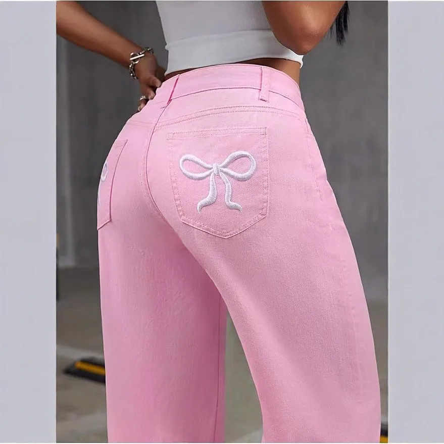 High Waist Loose Fit Pants Fresh Sweet with Embroidery Autumn Regular Thickness Girly No Stretch Full Length Casual Women Pants