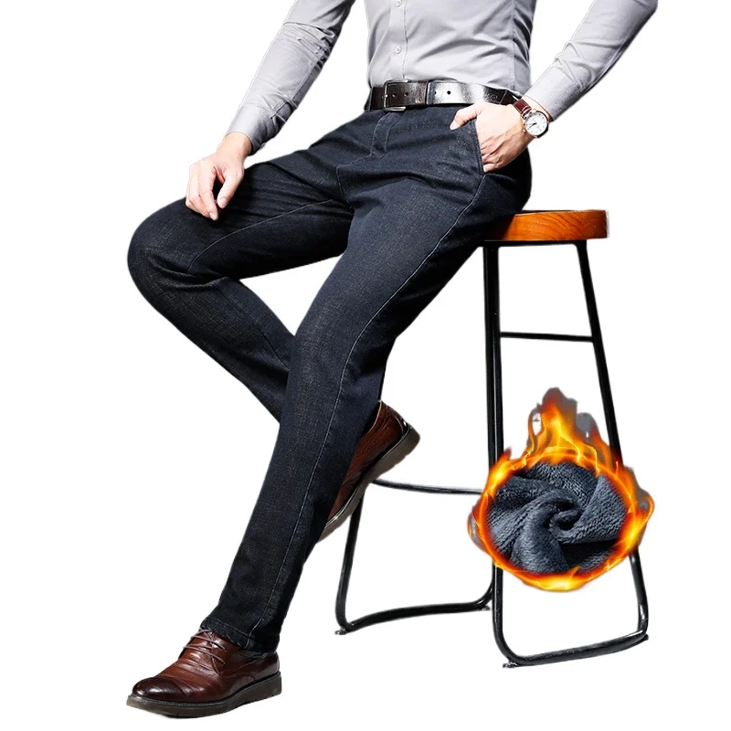 

Fleece Jeans Men's Winter Thick Business Velvet Trousers Soft Fashion Brand Classic Straight Loose Warm Plush Denim Pants