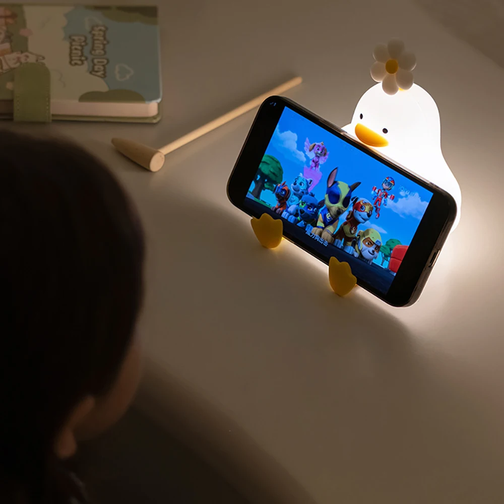 1pcs Cartoon Flower Duck Pat Lamp Rechargeable Dimmable Night Light Childrens Bedroom Bedside Lamp for Kids Friend Holiday Gift