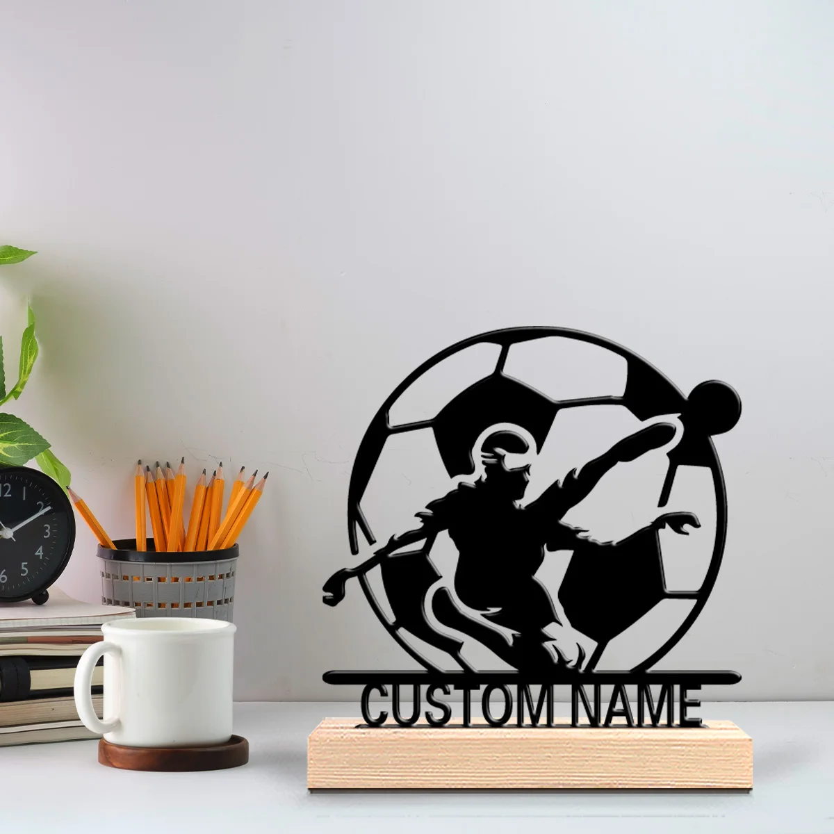 1pc Modern soccer football Customized Letter Metal Statue Iron Ornament With Wood Base Metal Statue For Office Room Decor