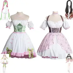 Anime Kanroji Mitsuri Kamado Nezuko Cosplay Costume Halloween Carnival Maid Lolita Kinomo Dress Uniform Wig