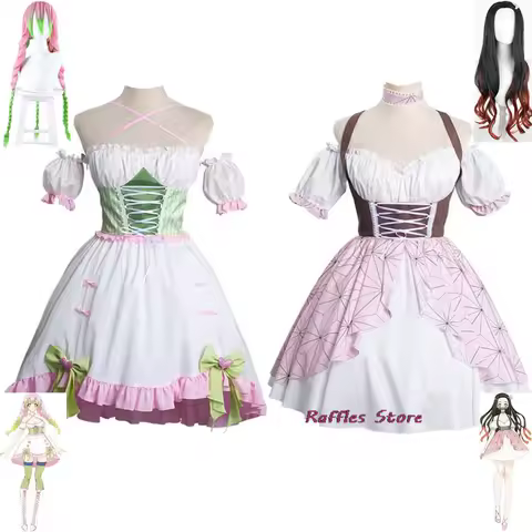 Anime Kanroji Mitsuri Kamado Nezuko Cosplay Costume Halloween Carnival Maid Lolita Kinomo Dress Uniform Wig