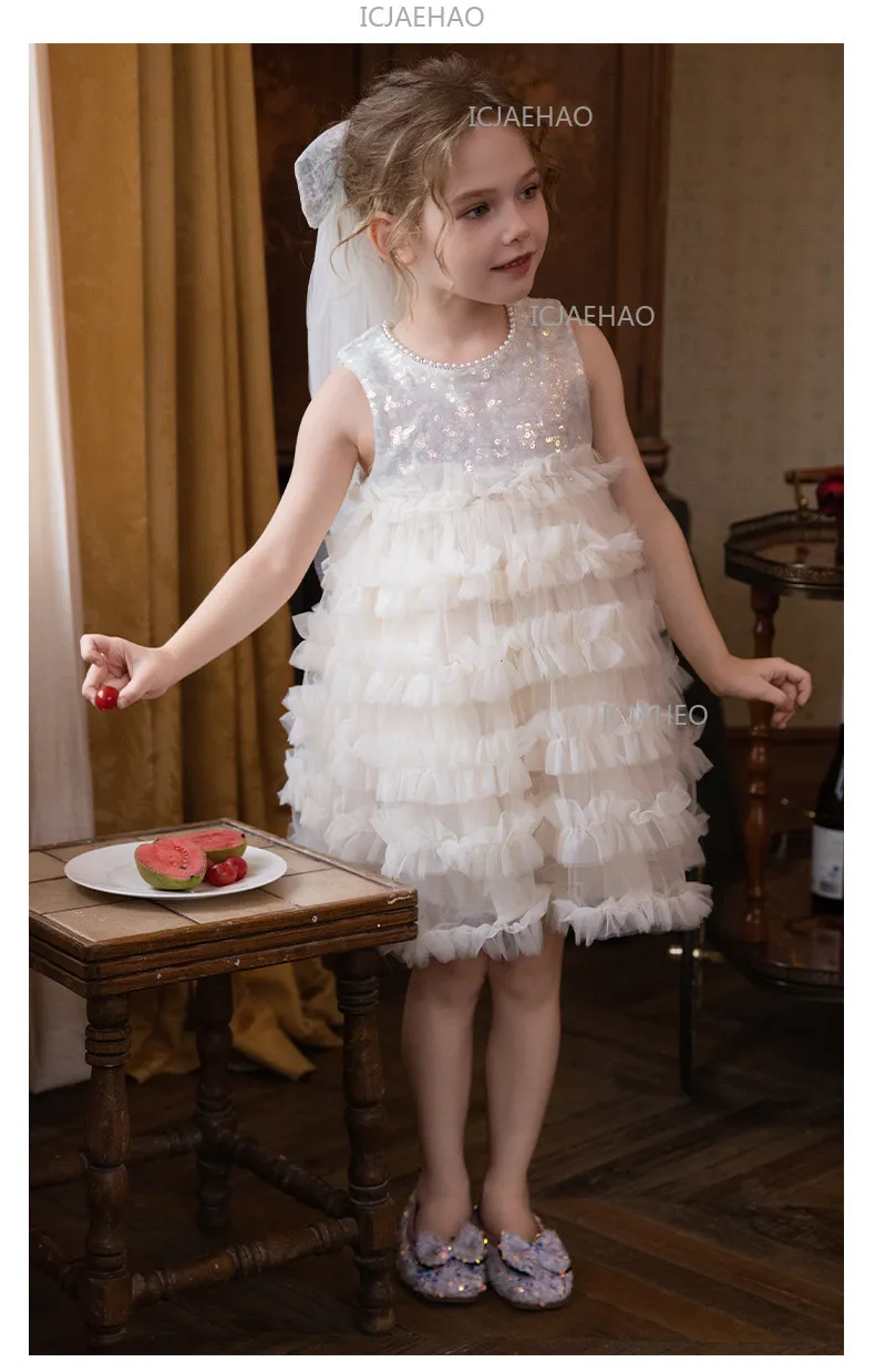 Girls Dress Beaded CollarNew Summer Style  Children Costume Sequin Tiered Cake Dress Baby Birthday Princess Formal Dress