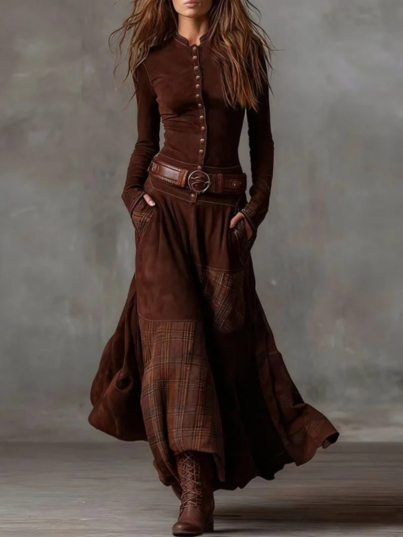 Imitation Suede Patchwork Plaid Print Maxi Dress Woman Stand Collar Button Party Dress Autumn Long Sleeve Pocket Boho Dress