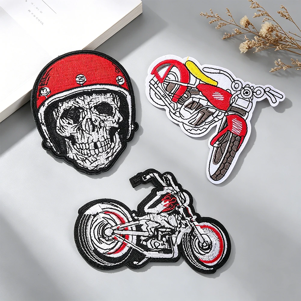 

Skull Motorcycle Embroidery Patches Iron on Sew on Biker Patches Red Helmet Rocker Patches for Jackets Jeans Backpacks Decor