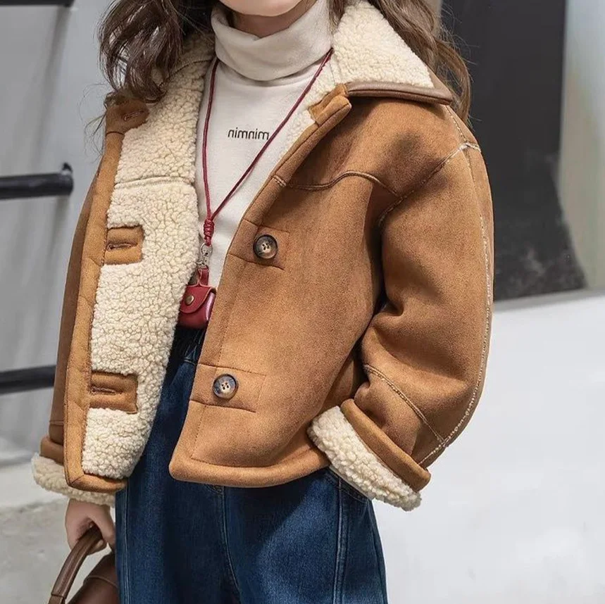 

Winter Children Girl Clothes Khaki Turn Down Collar Kids Girl Fleece Suede Jacket Suit Loose Contrast Striped Velvet Pant Outfit