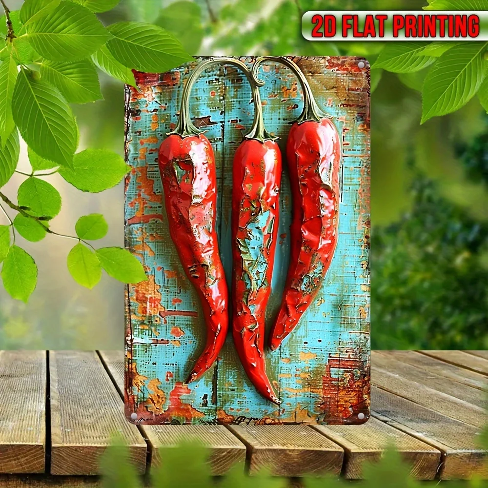 2D Flat Vintage Metal/1pc UV Printed Red Chili Peppers on Teal Rustic Plaque Wall Art Sign/12x8 Inch (30x20cm) Wall-Mounted Deco