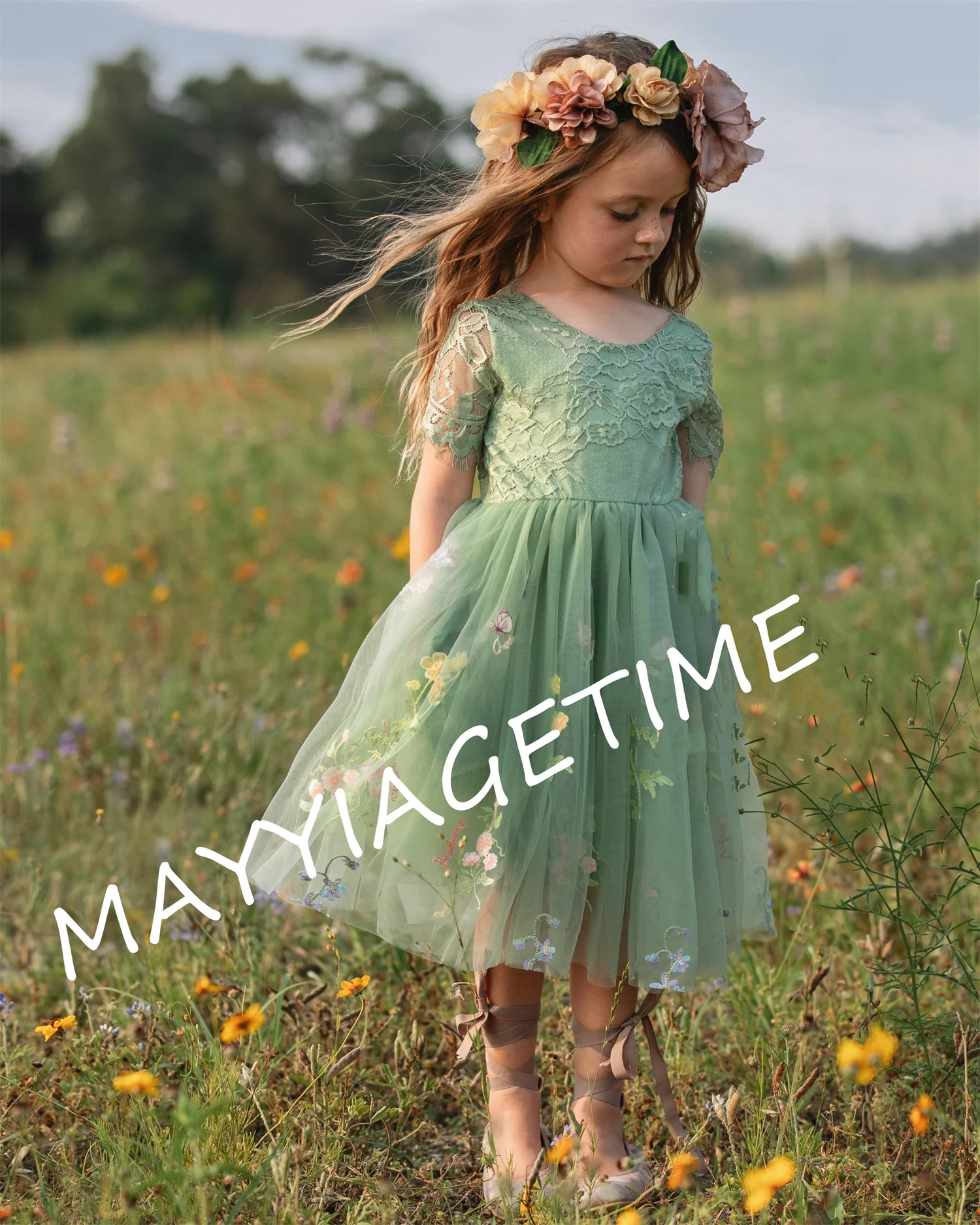 Boho Bridal Embroidered Flower Girl Dress Long Sage Green Lace 3/4 Sleeves Bohemian Beach Rustic Style Kids Wedding Party Dress