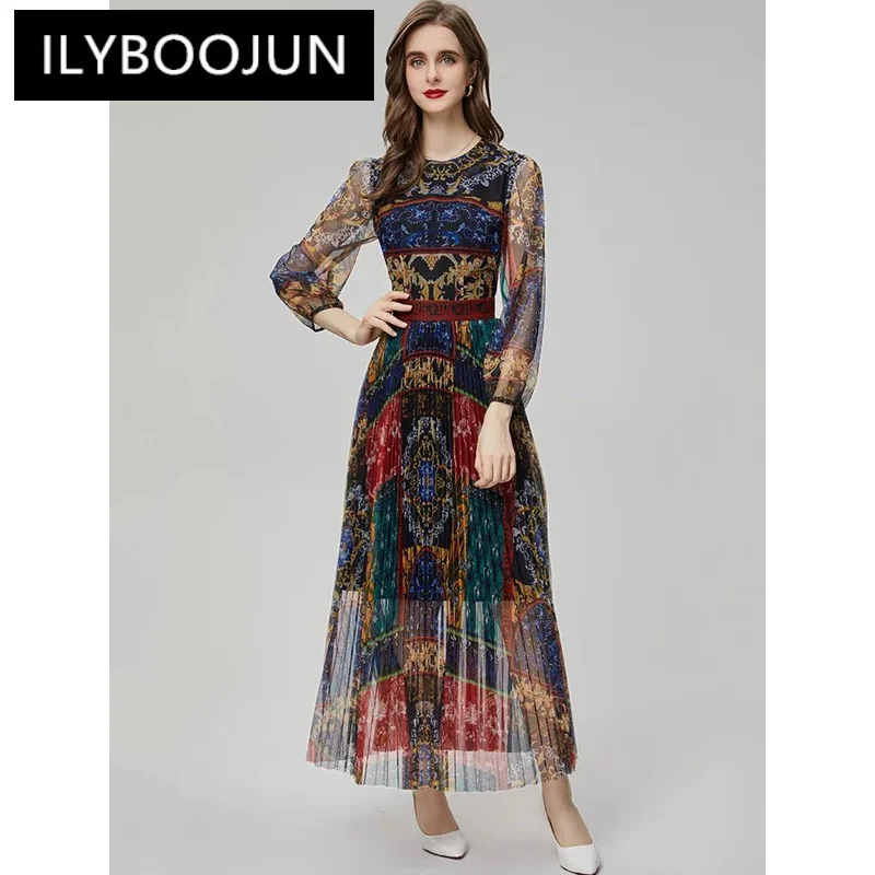 

ILYBOOJUN Fashion Runway Vintage Pattern Printed Dress Women O Neck Long Sleeve High Waist Spliced Pleated Slim Long Dress