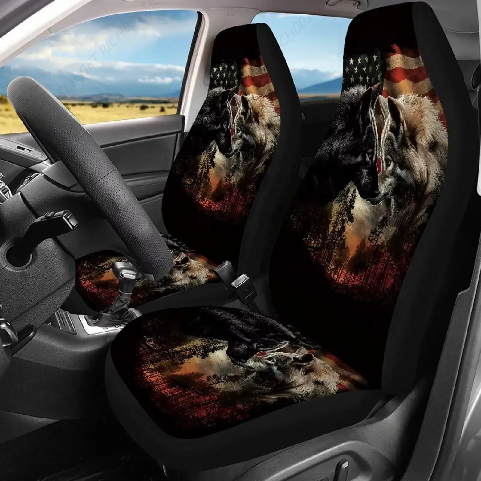 

Чехлы на сиденья с рисунком американского флага волка для автомобиля, дышащая универсальная защита сиденья привода автомобиля, эластичная автомобильная промышленность