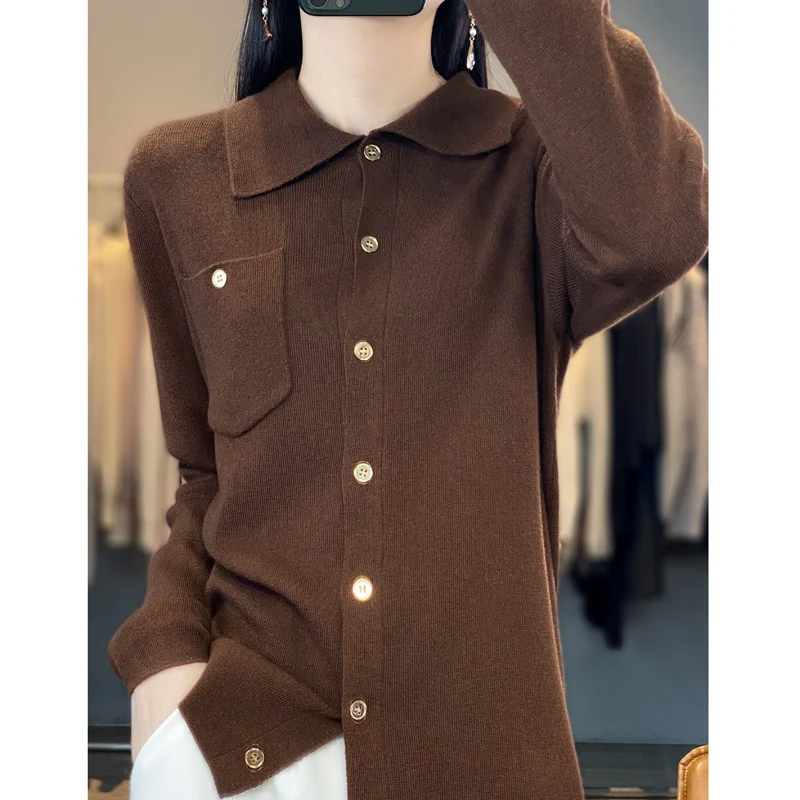 New Autumn And Winter POLO Collar Cardigan Women\'s Pure Wool Knitted Pocket Top Flat Versatile Office Long Sleeved Shirt NJR309