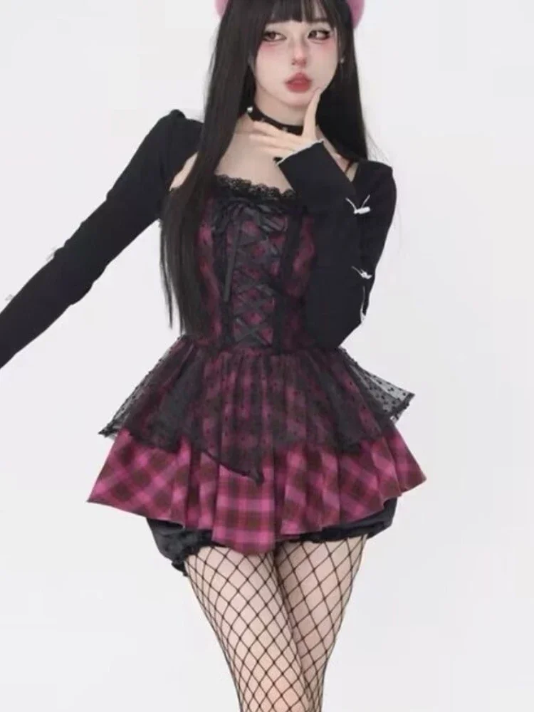 

Sexy Harajuku Rose Red 2 Piece Set Women Plaid Japanese Y2k Pure Desire Suit Female Lace Slip Dress + Black Bow Cardigan