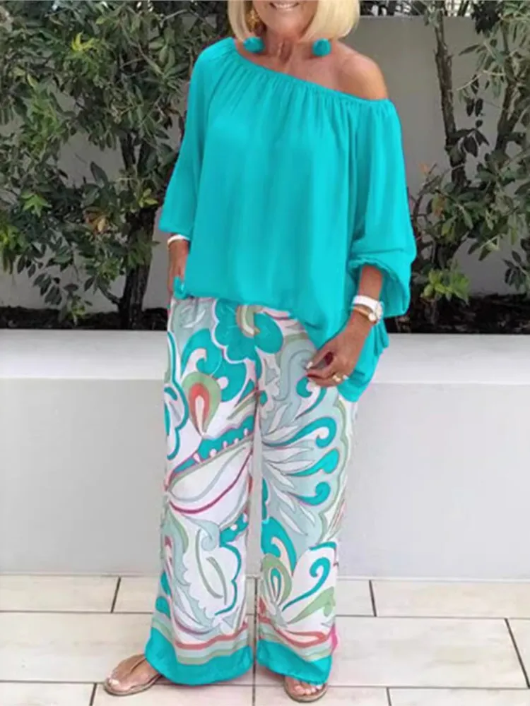 

Spring Summer Elegant Sexy Off Shoulder Two Piece Set For Women Loose Printed Wide Leg Pants Lady Casual Vacation Sets 2024 New