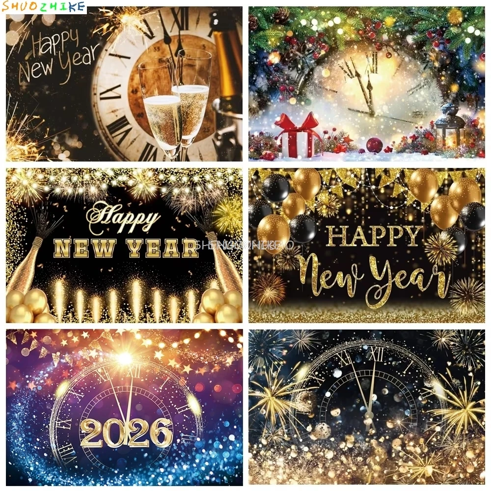 

2026 Happy New Year Backdrop for Photography Firework Light Bokeh Clock Champagne Christmas Background New Years Eve Banner