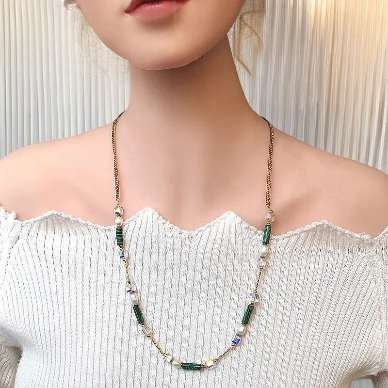 

Luxury Natural Stone Freshwater Pearl Necklace Bamboo Shaped Malachite Choker Female Personality Temperament Fashion Jewelry