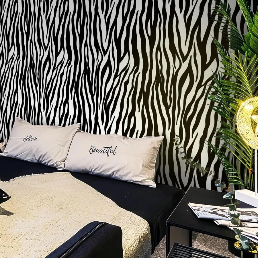 ورق جدران أبيض وأسود، ورق اتصال قشر لاصق حمار وحشي لغرفة النوم، غرفة نوم من الفينيل قابلة للإزالة، ديكور منزلي #6