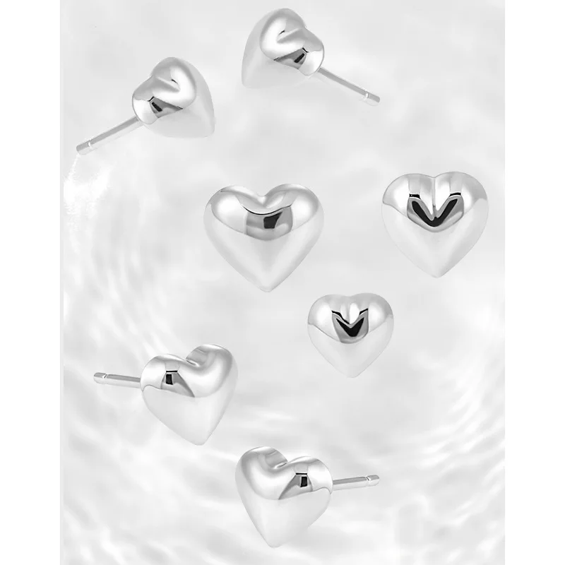 F.I.N.S Simple Glossy Love Heart S925 Sterling Silver Earrings Small Heart-Shaped Pierced Ear Studs Fine Jewelry Prevent Allergy