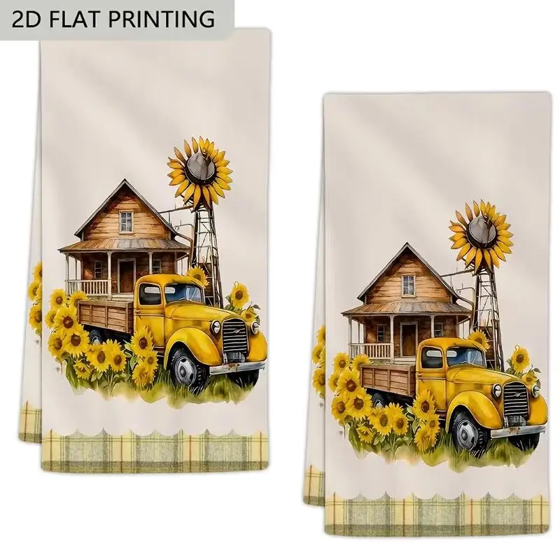 Pack of 2, Spring/Summer Kitchen Dish Towel, Yellow Truck Sunflower House Pattern Hand Towel, Suitable for Home Cooking Baking