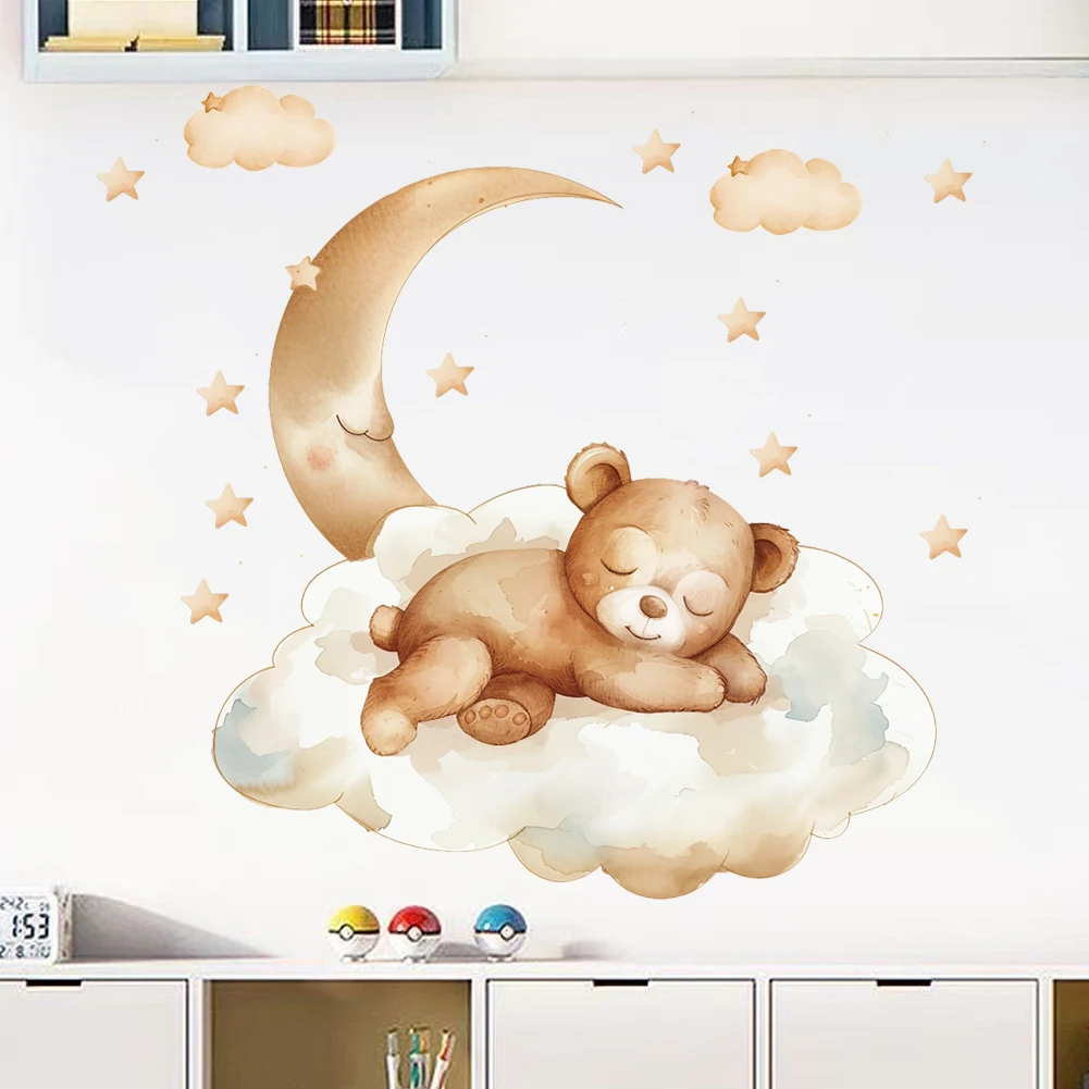 Cute Cartoon Teddy Bear Sleeping on the Moon and Stars Wall Stickers for Kids Bedroom Baby Room Decoration Wall Decals Room