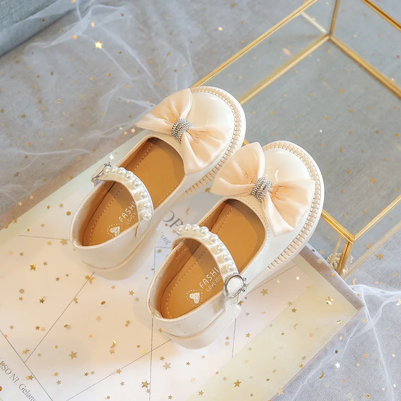 Child Shoes Girl Leather Shoe Autumn New Soft Soled Casual Shoe Fashionable Pearl Mary Jane Shoes Bow Tie Child Princess Shoes