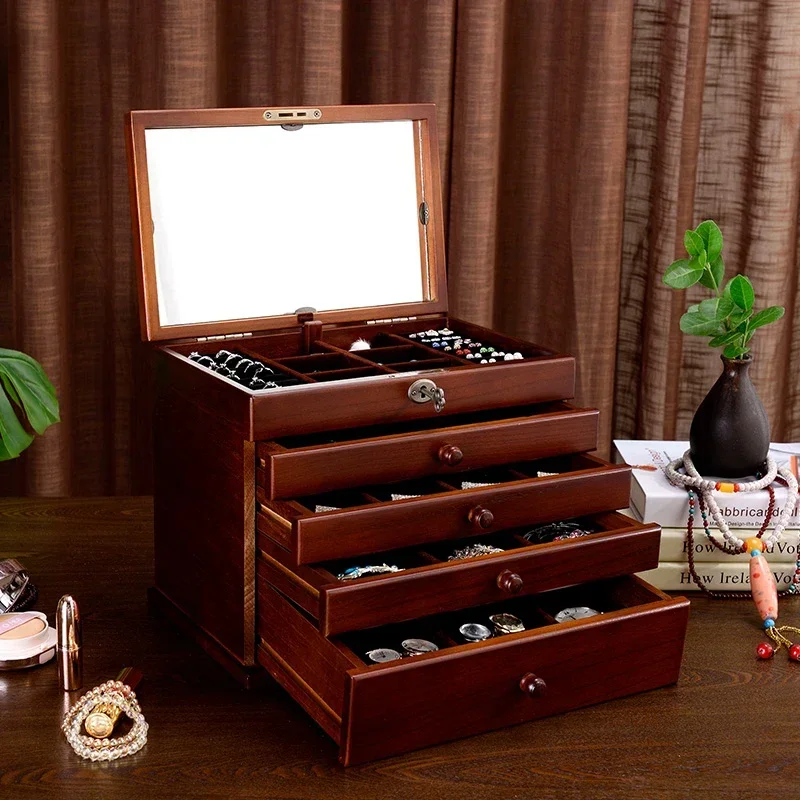 Solid Wood Jewelry Storage Box Walnut Color With Lock White 5layer Watch Ring Bracelet Earring Necklace Organization Bins