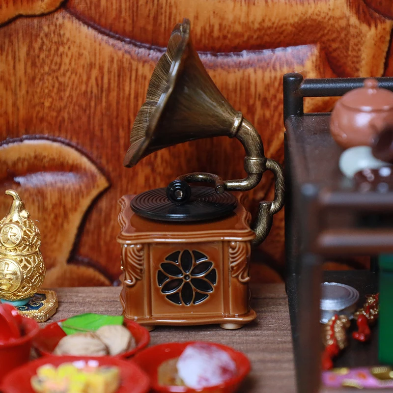 Dollhouse Miniature Retro Gramophone With Music Mini Phonograph Record Simulation Gramophone Handicrafts Home Model Toys Decor