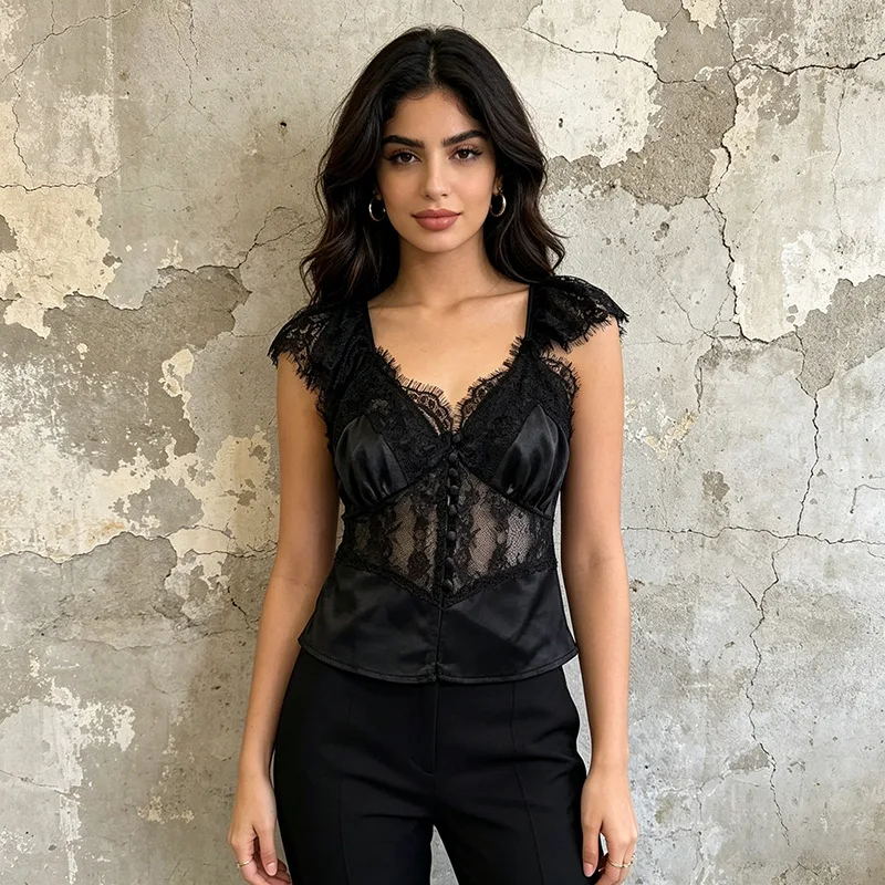 ZAMOR HIGH END Vintage Y2K Lace Satin Splicing Camisole Women V Neck Flutter Sleeve Sheer Crop Top 2026