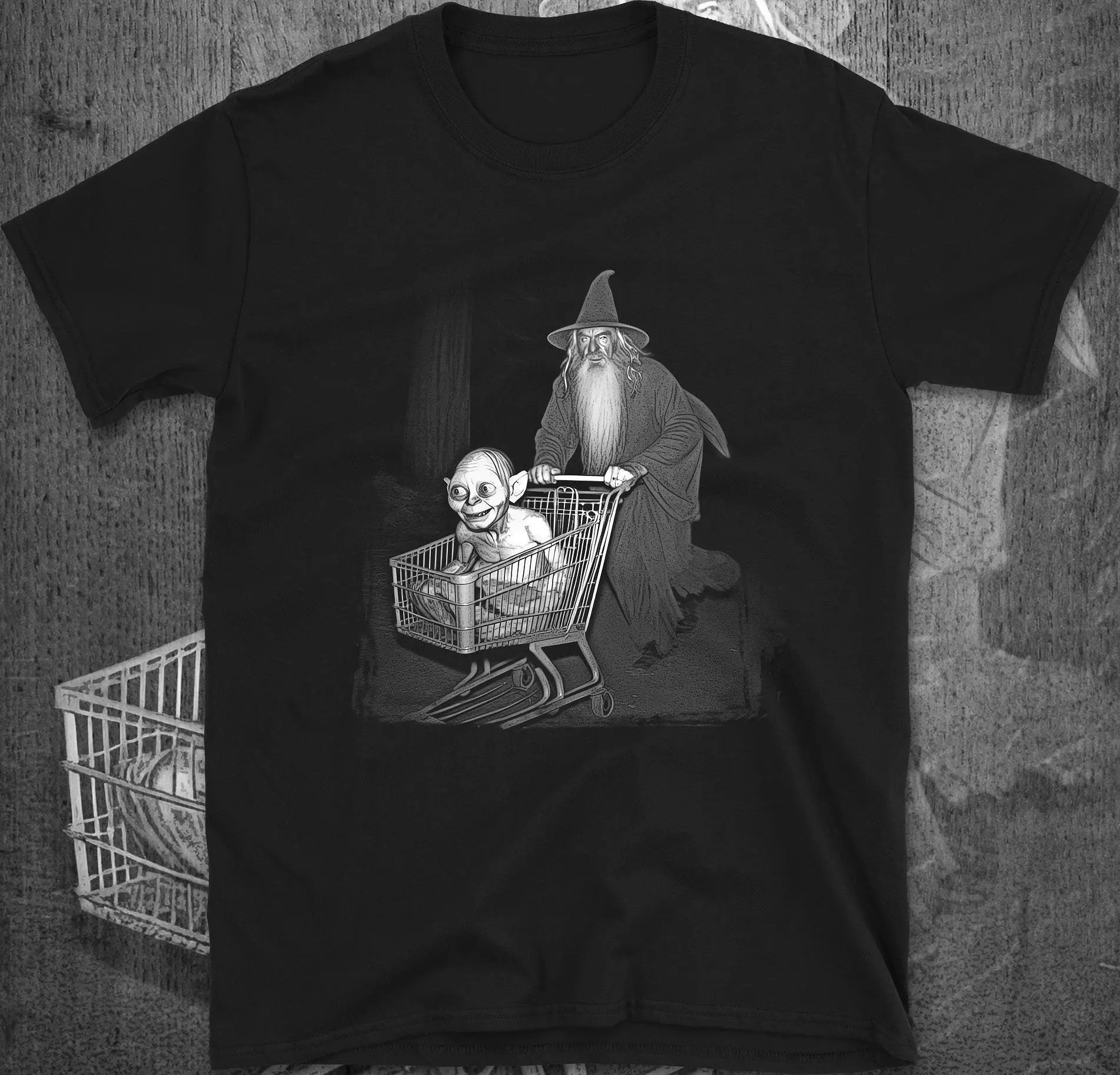 Wizard and Goblin Adventures Shopping Cart At Night Funny Graphic T-Shirt Men Clothing Comfortable T Shirt