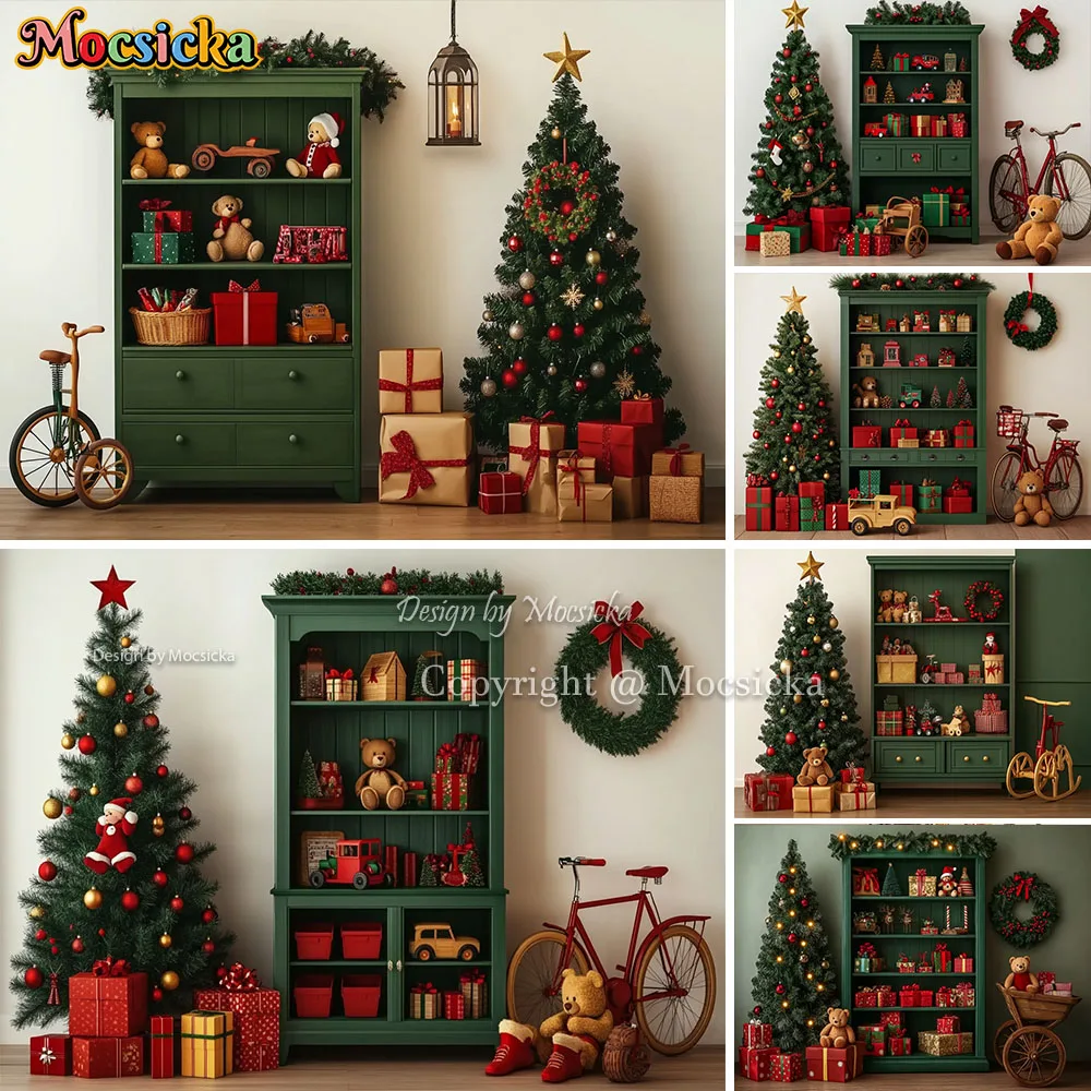Mocsicka Green Christmas Gift Shelf Background Photography Xmas Tree Toy Bear Santa's Workshop Backdrop Winter Kids Photo Studio
