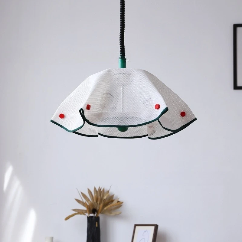 

French Green Wrought Iron LED Pendant Lights Grid Fabric Ceiling Chandelier Living Room Bedroom Restaurant Kitchen Hanging Lamps