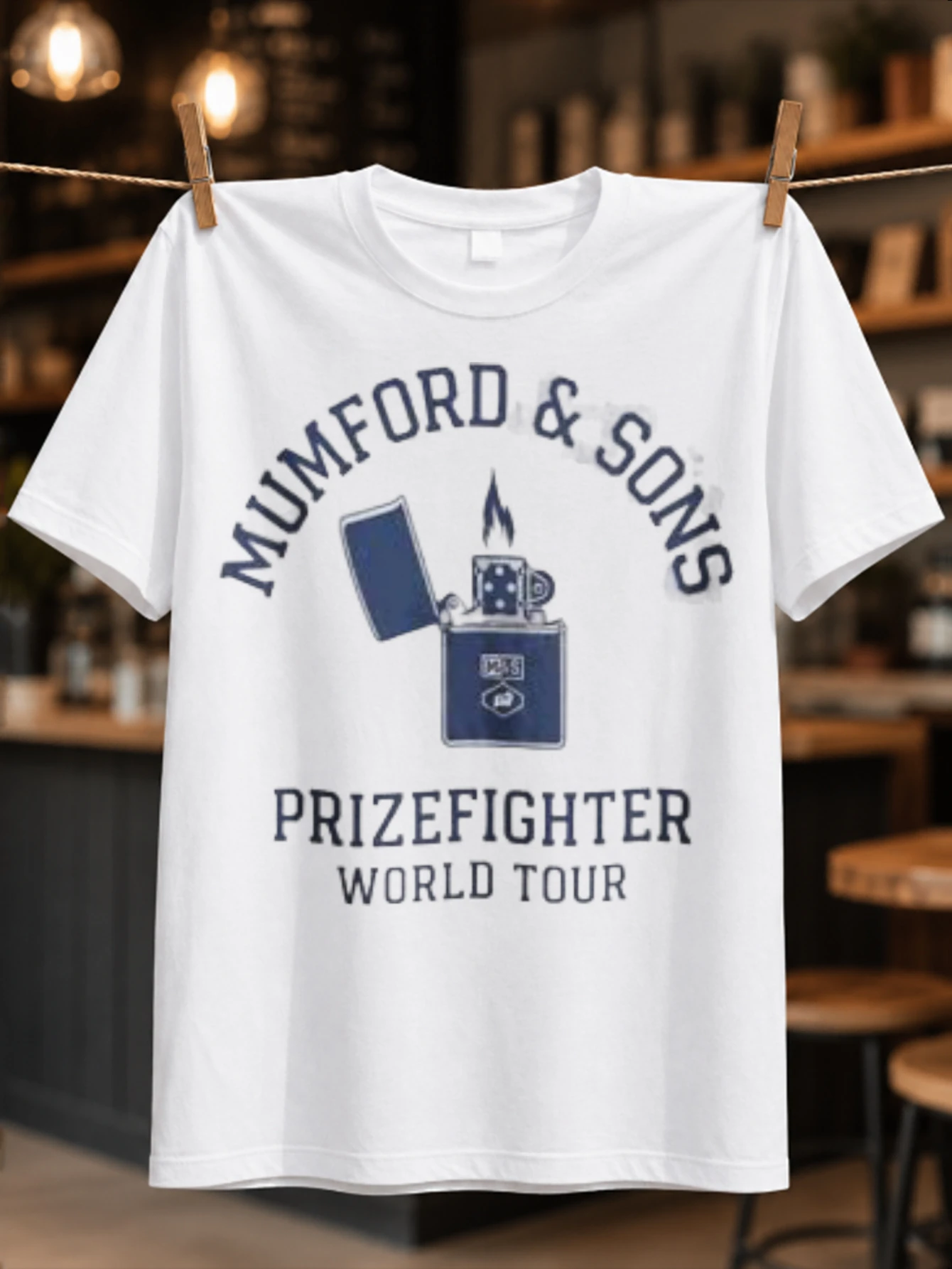 Mumford Prizefighter arched logo with blue lighter icon and world tour lettering minimal concert  Unisex All T-Shirt