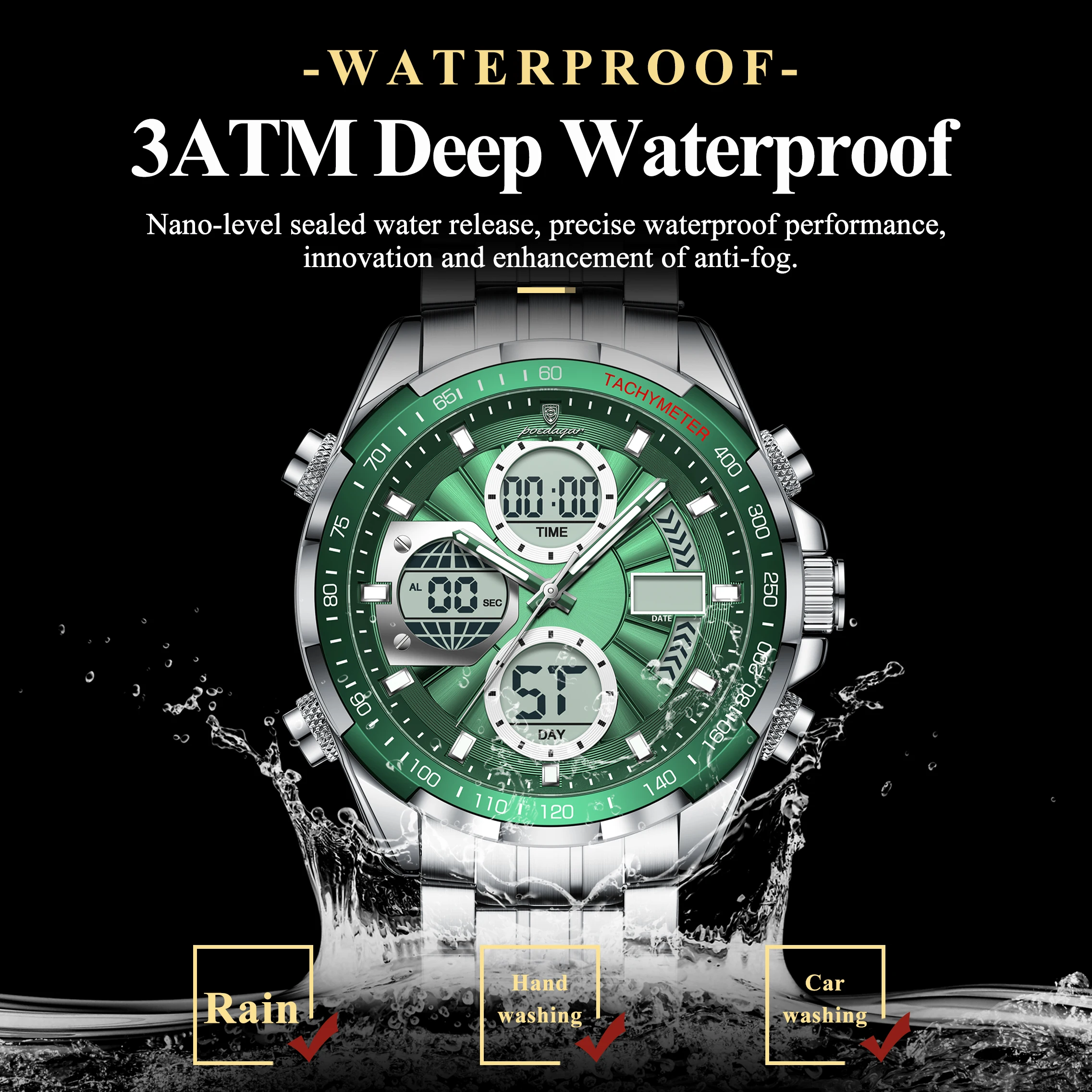 POEDAGAR Top Man ساعة مقاومة للماء إلكترونية LED ساعات رجالية فاخرة عرض مزدوج الوقت رقمي ستانلس ستيل ساعة كوارتز رجالية #2