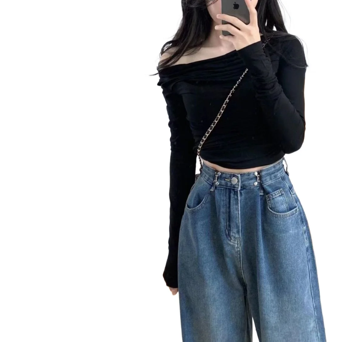 

2024 Sexy Women's Suit Black Long Sleeve Off-Shoulder Top Denim Wide Leg Pants Two-piece Suit Women's Spring