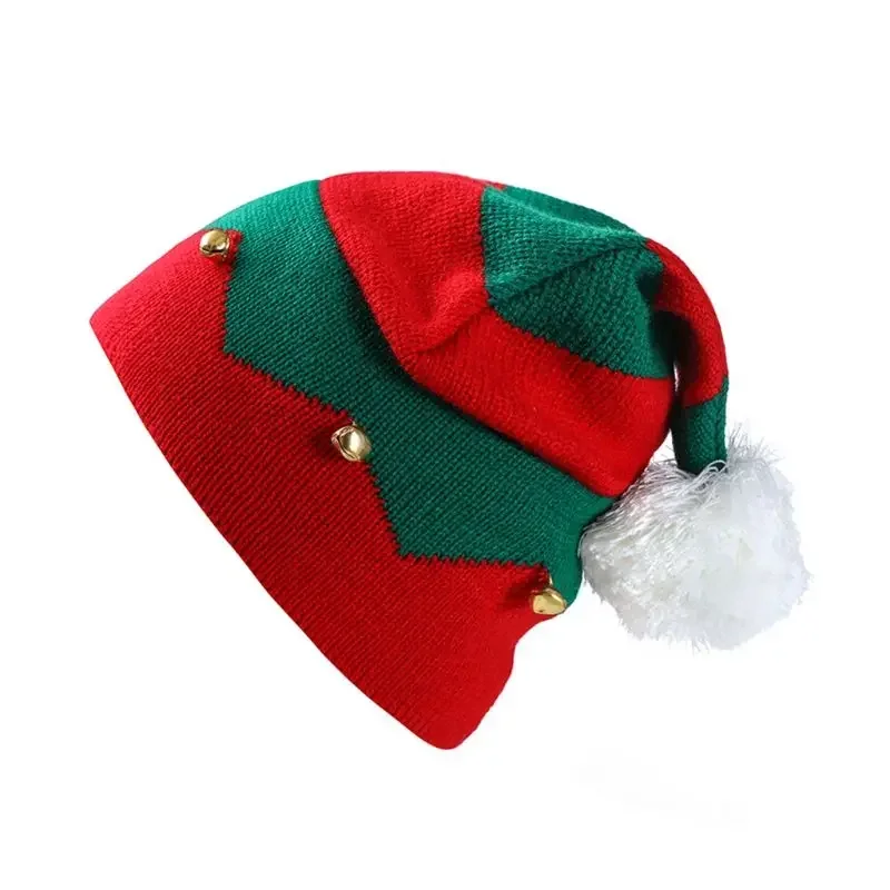 Christmas Elf Hat Beanie Crochet Winter Knit  Green Wavy Stripes Skull  for Baby Kids 1-6 Years Cosplay Costume