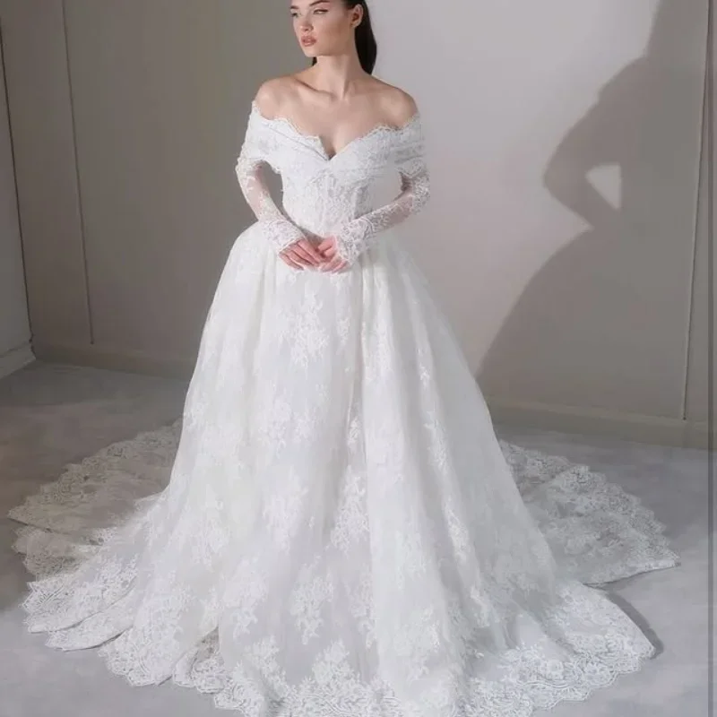 

FW Luxury Lace A Line Wedding Dresses Off the Shoulder Full Sleeves Bridal Gowns Customized 2026 for Brides Sweep Train vestidos