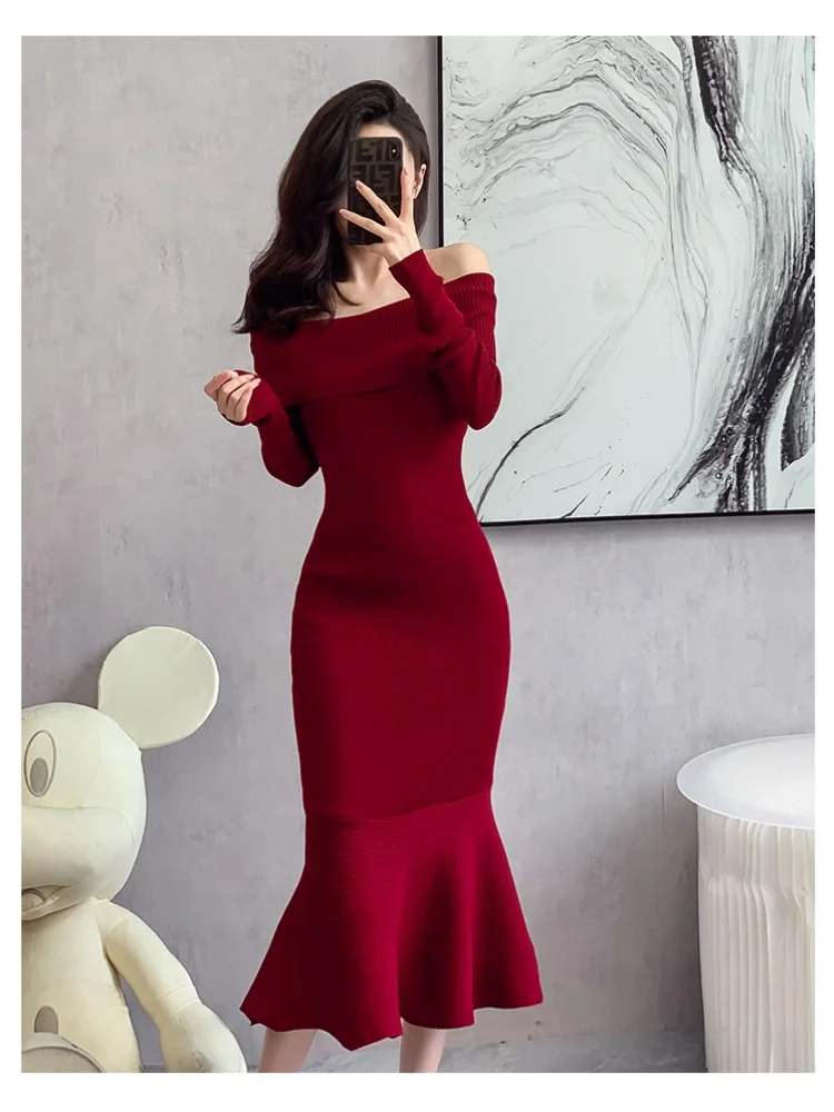 Jesień ciepła moda kobieta elegancka odzież dzianiny Vintage sukienki syrenka seksowny sweter z głębokim dekoltem sukienka Femme Winter Vestido