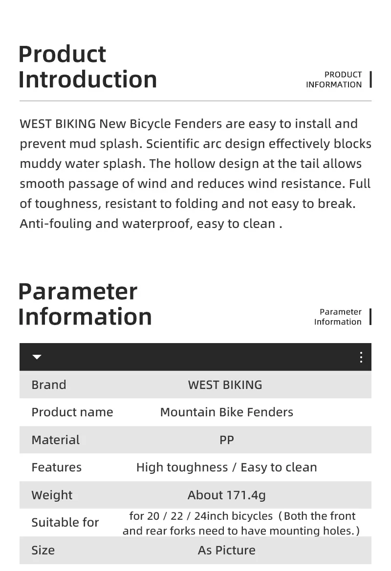 WEST BIKING Breite Fahrrad-Schutzbleche, Hohlschutzblech-Set für 20-24 Zoll Mountainbikes, für Regenfahrten auf dem Trail, aus strapazierfähigem PP-Kunststoff – Detail 2