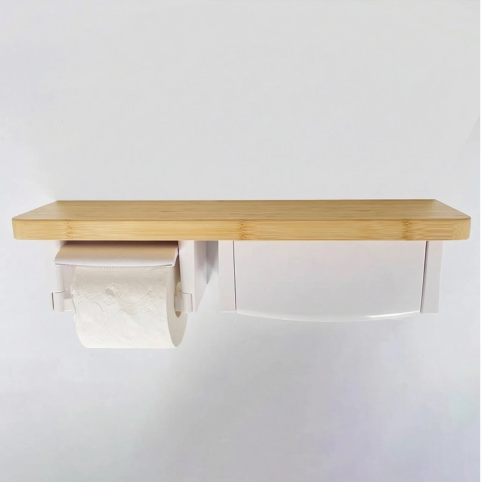 Wooden Wall-Mounted Tissue and Bath Tissue Holder with Bamboo Shelf Space-Saving Bathroom Tissue Storage Holder Compact Sturdy