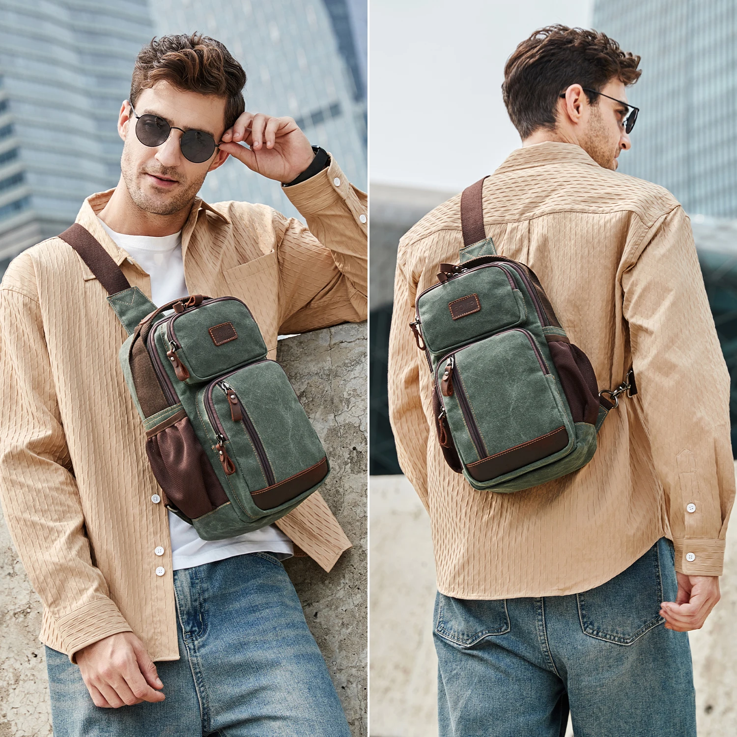 Bandolera encerada de lona impermeable para hombre, bolso de pecho informal, mochila de hombro