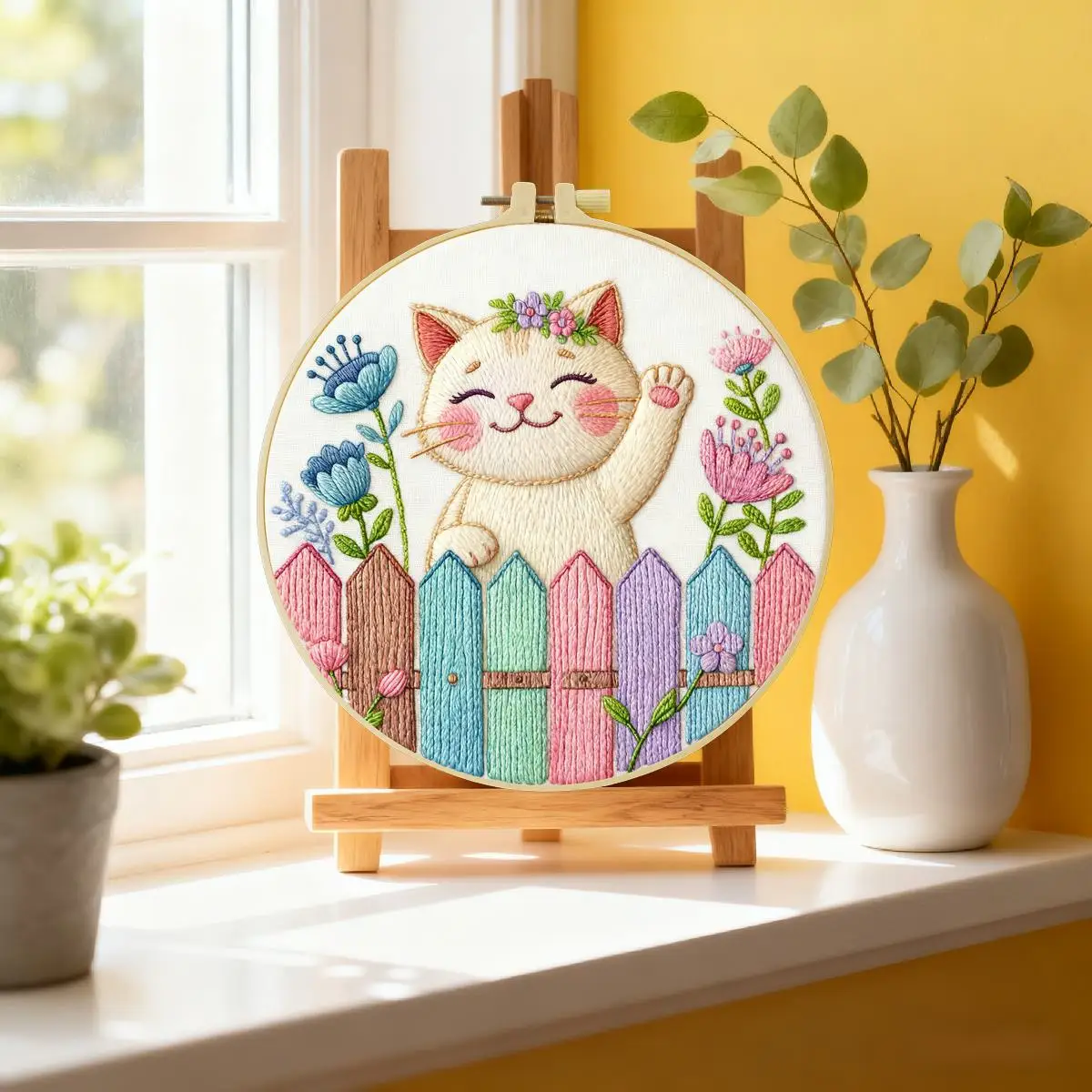 1pc 20X20CM/15X15CM 7.87/6.3inch Fence cat Embroidery Starter Kit DIY kit DIY embroidery kit manualidades Home Decor