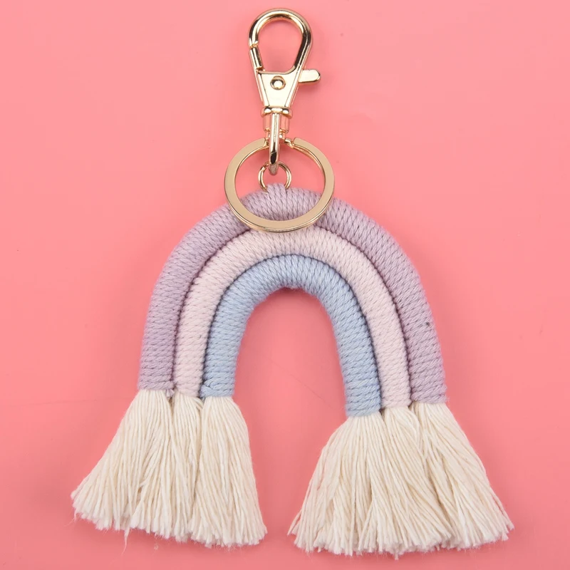 Llaveros de arco iris tejido para mujer, llavero bohemio hecho a mano, bolso de macramé, colgante de coche, regalos de joyería