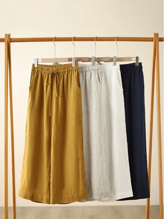 

Artistic Pure Color Cotton Linen Wide Leg Pants Dstring Elastic Waist Breathable Casual Trousers for plus Size Women Summer